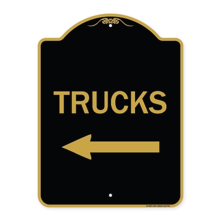 Trucks Sign Trucks With Left Arrow, Black & Gold Aluminum Architectural Sign